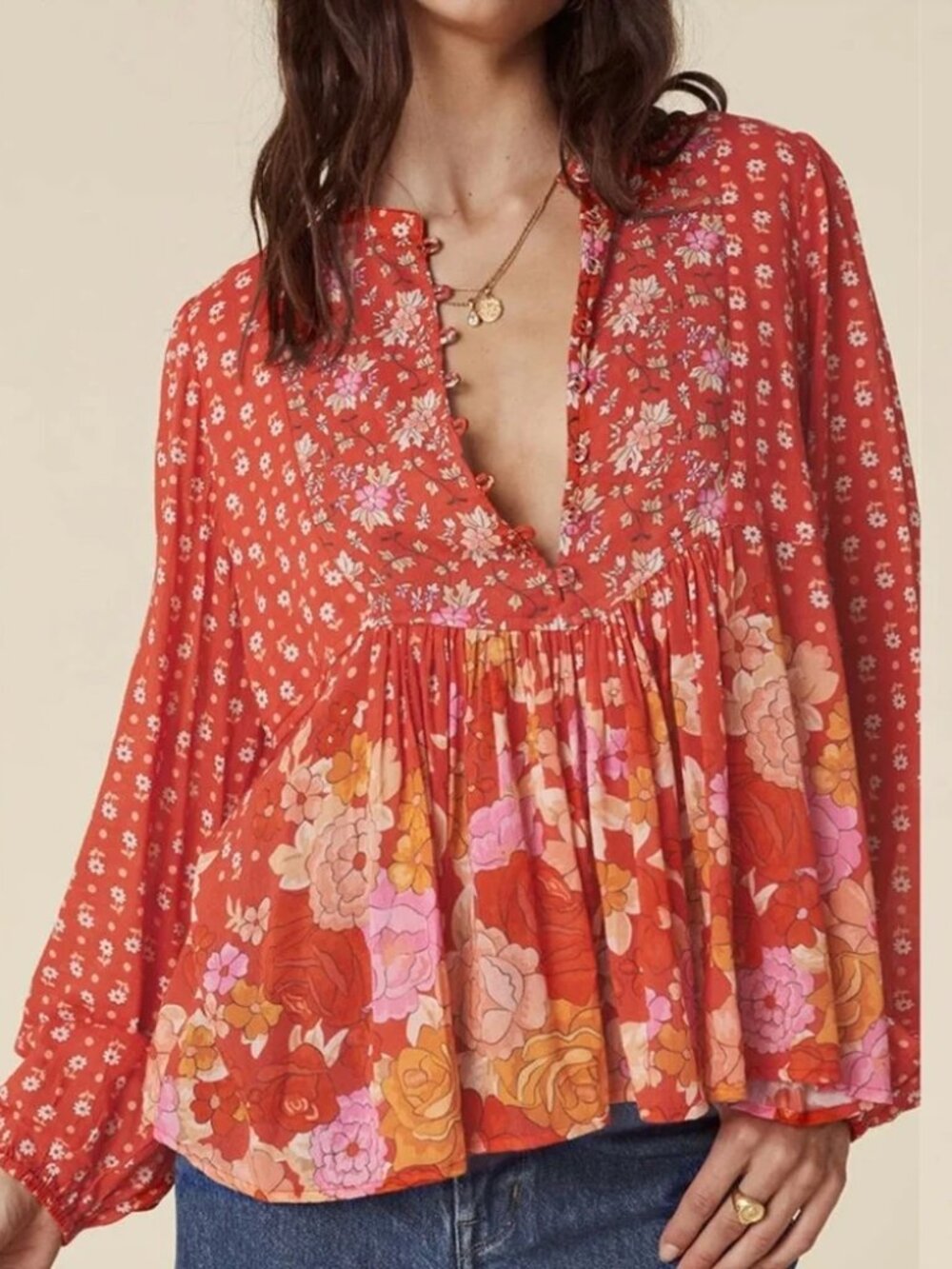 Spell and the Gypsy - Orange/Red Floral Blouse - Size M